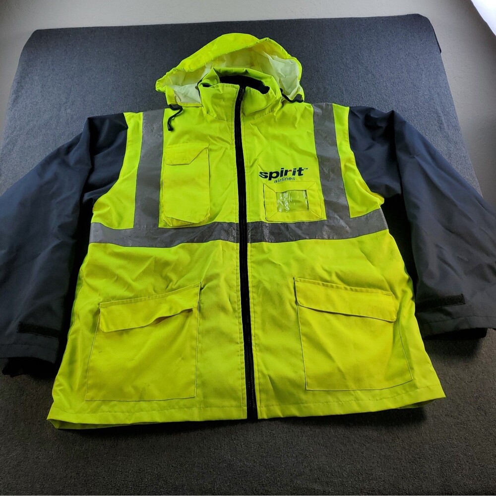 Spirit Airlines Maintenance Jacket Hooded Heavy  Large Yellow Full-Zip Up